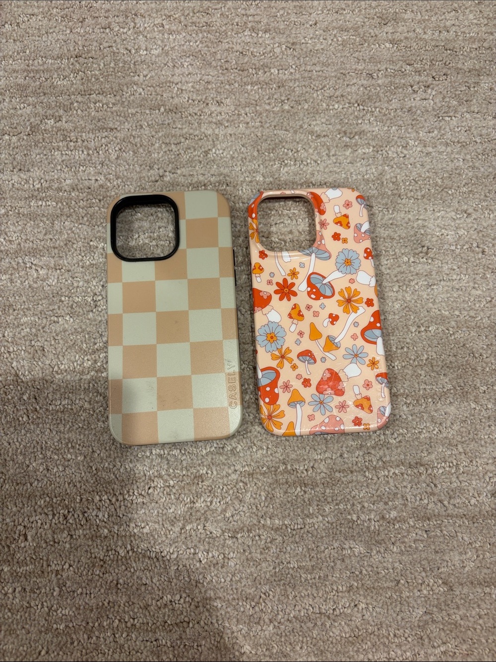 Two Stylish Phone Case Set in Beige Checker & Floral Orange IPHONE 14 PRO MAX